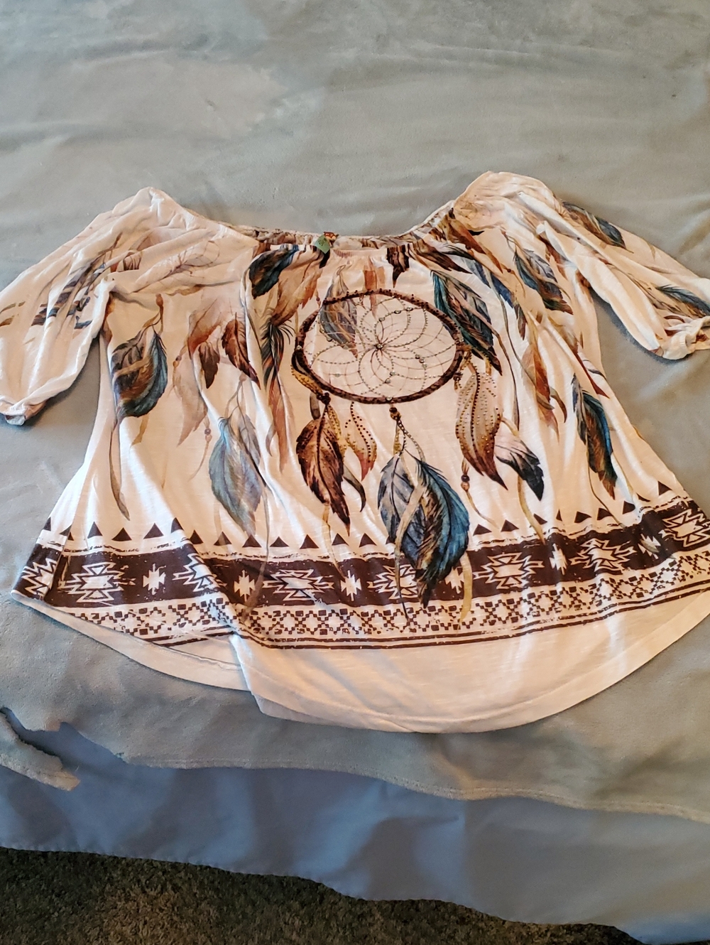 Boho Dreamcatcher Off-Shoulder Women’s Top in Cream and Blue